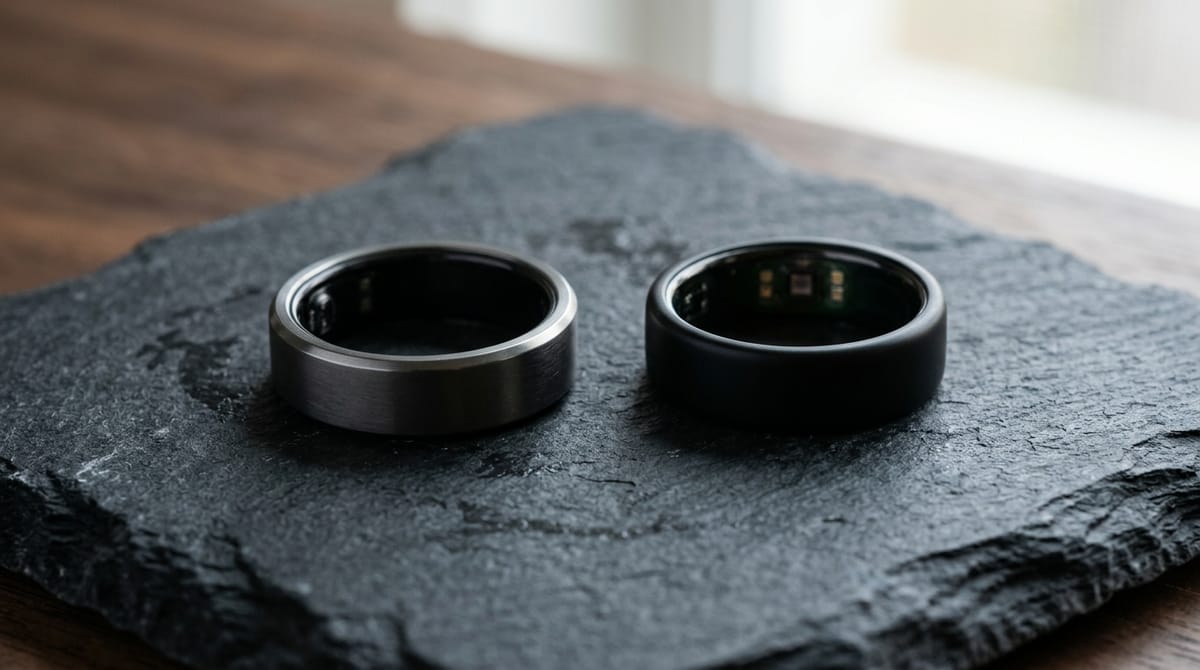 A pair of smart rings on dark textured slate