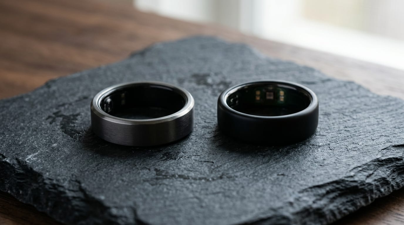 A pair of smart rings on dark textured slate