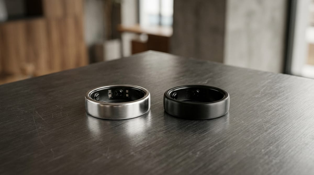 A silver and a black smart ring on brushed metal