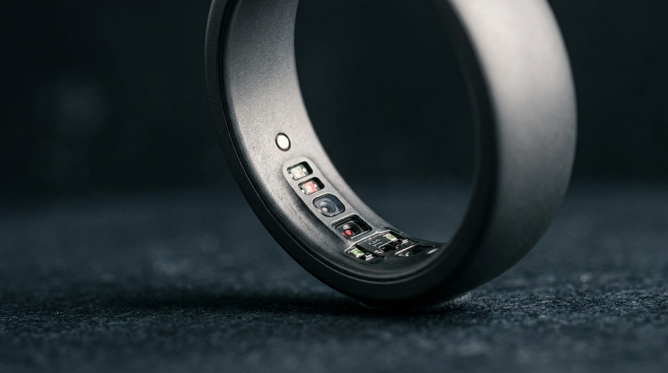 Extreme closeup of a matte grey smart ring showing inner sensors
