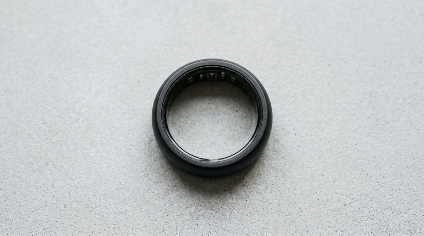 Flat lay of a plain black smart ring on light grey