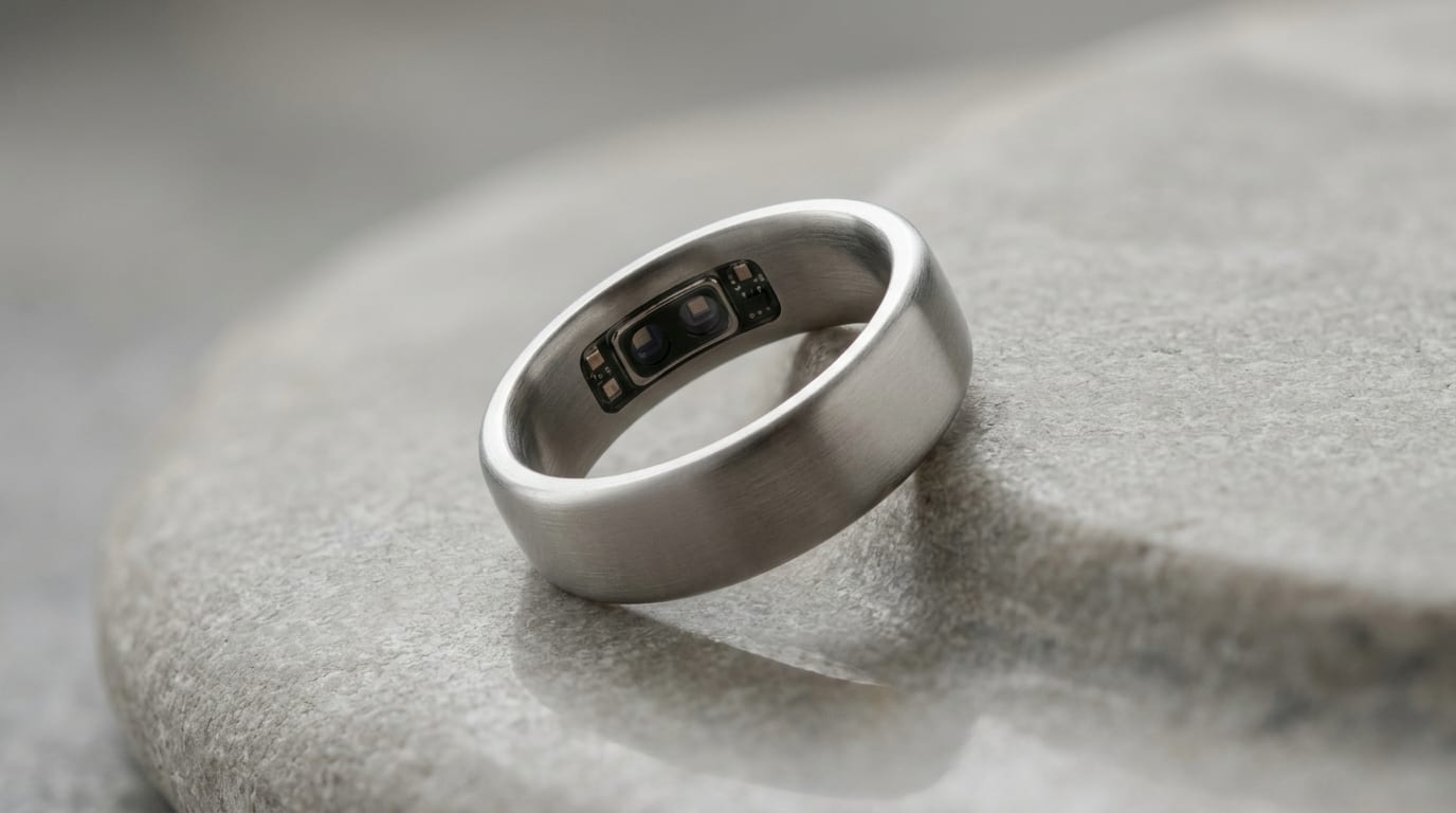 Leep Ring 1 smart ring in Starlight Silver titanium finish resting on grey stone
