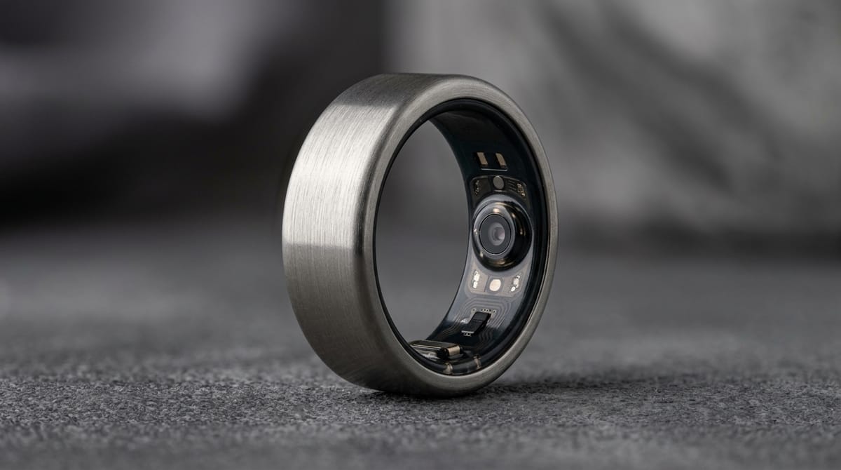 Macro shot of a brushed titanium smart ring