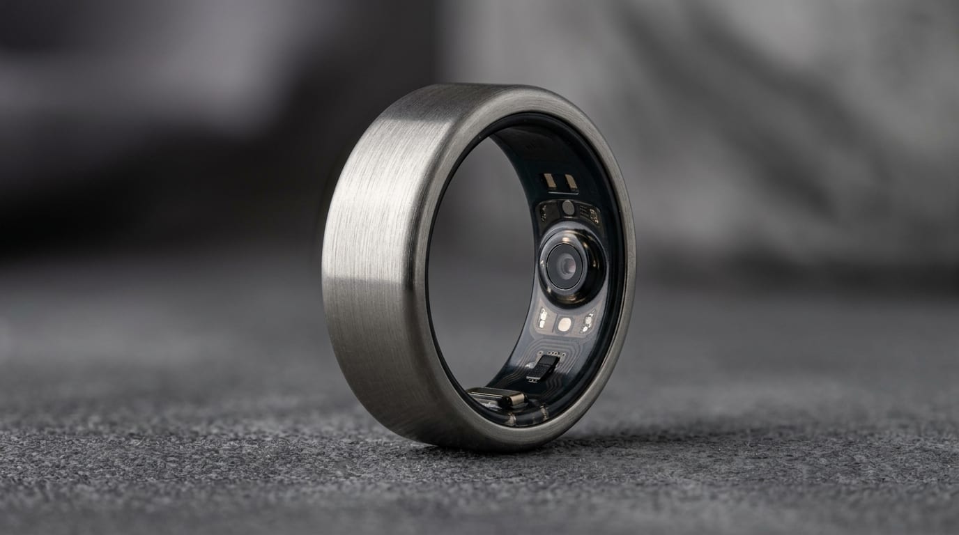 Macro shot of a brushed titanium smart ring