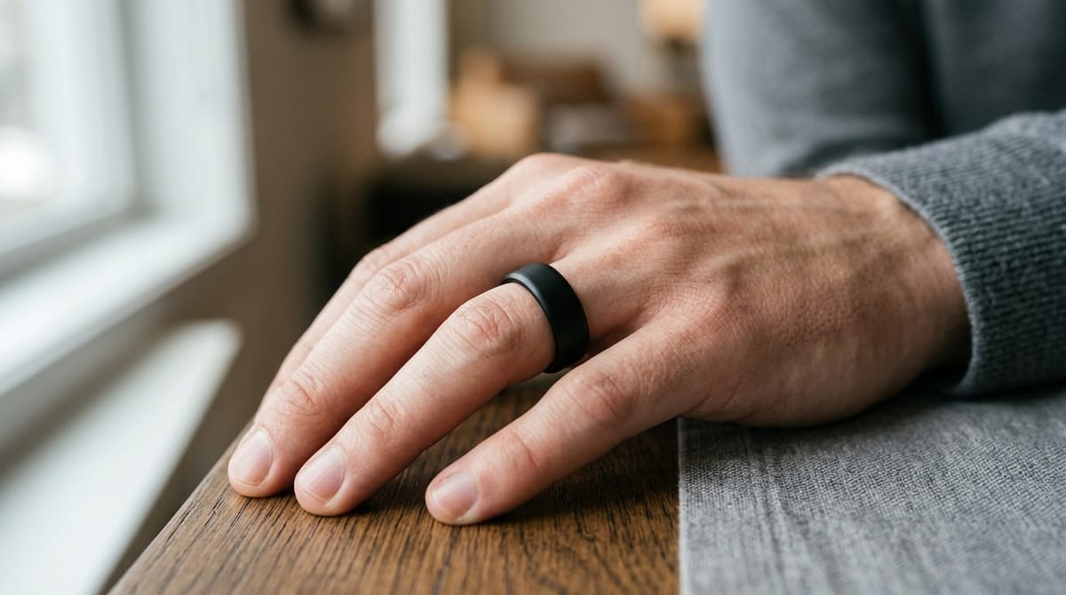 Matte black smart ring worn on a hand