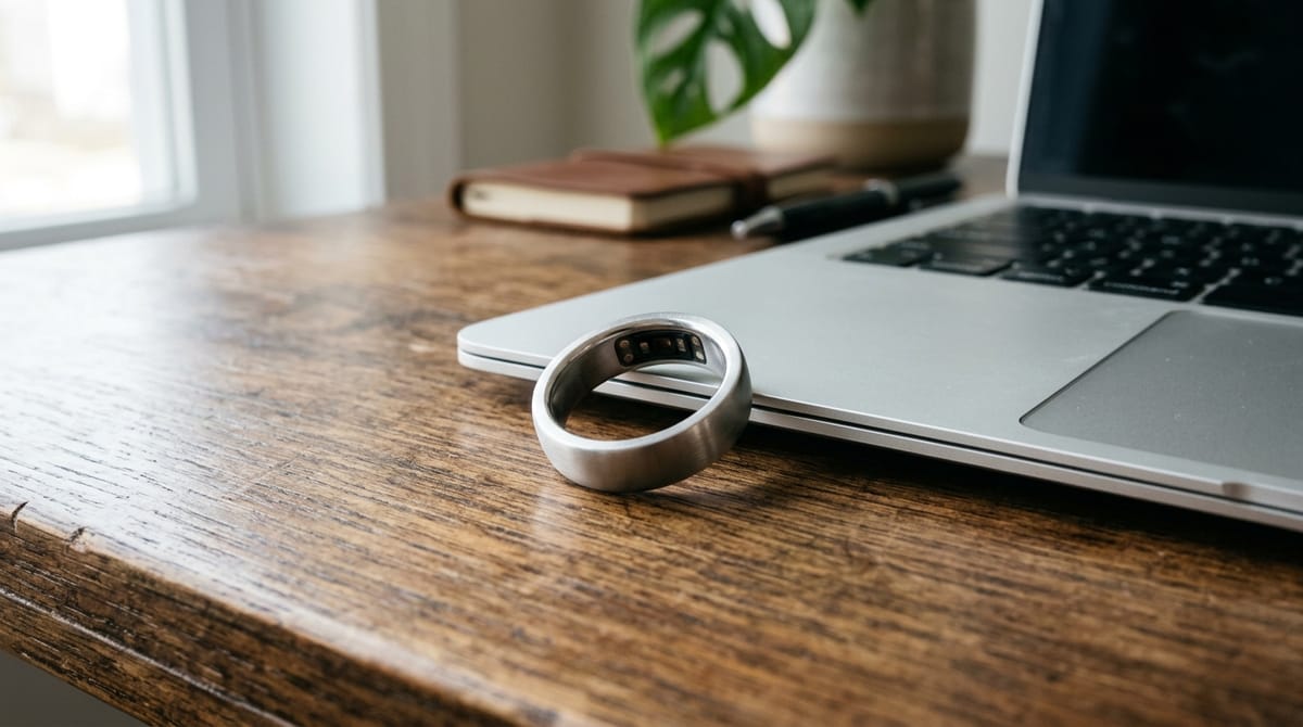 Silver smart ring on a wooden desk beside a laptop