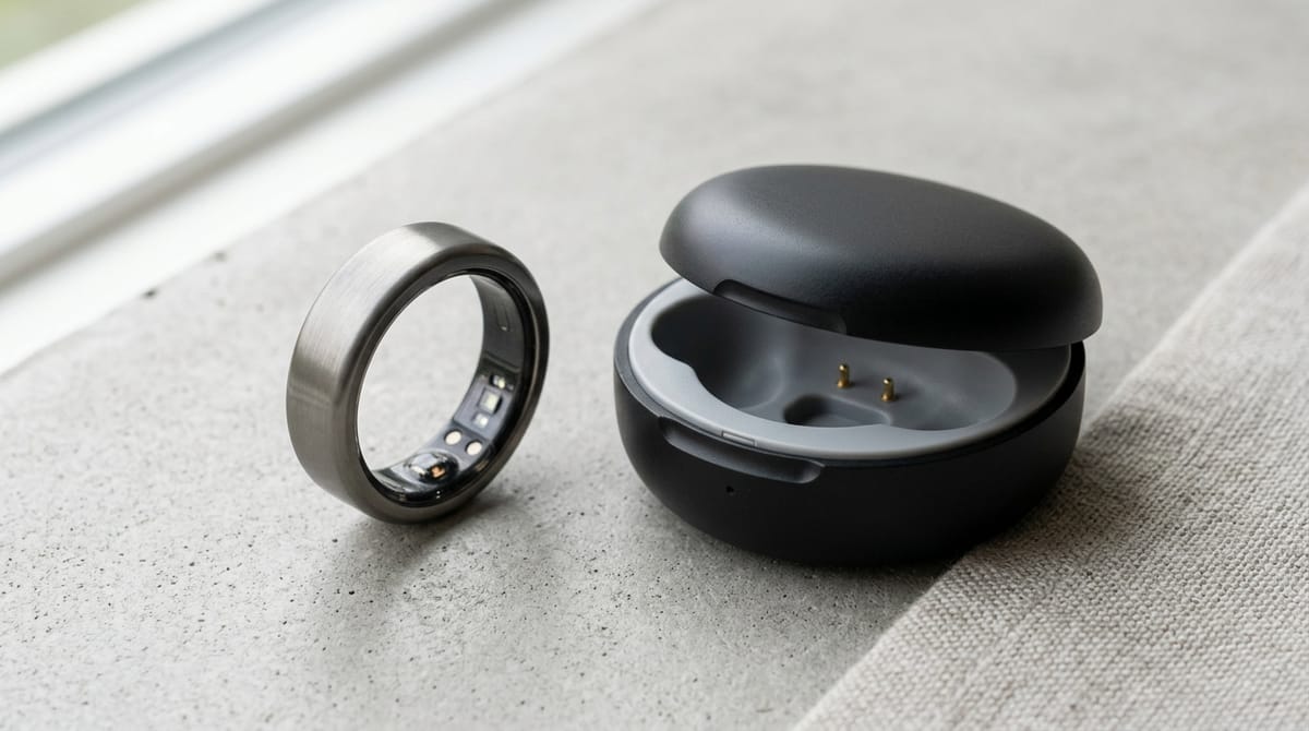 Smart ring next to its wireless charging case