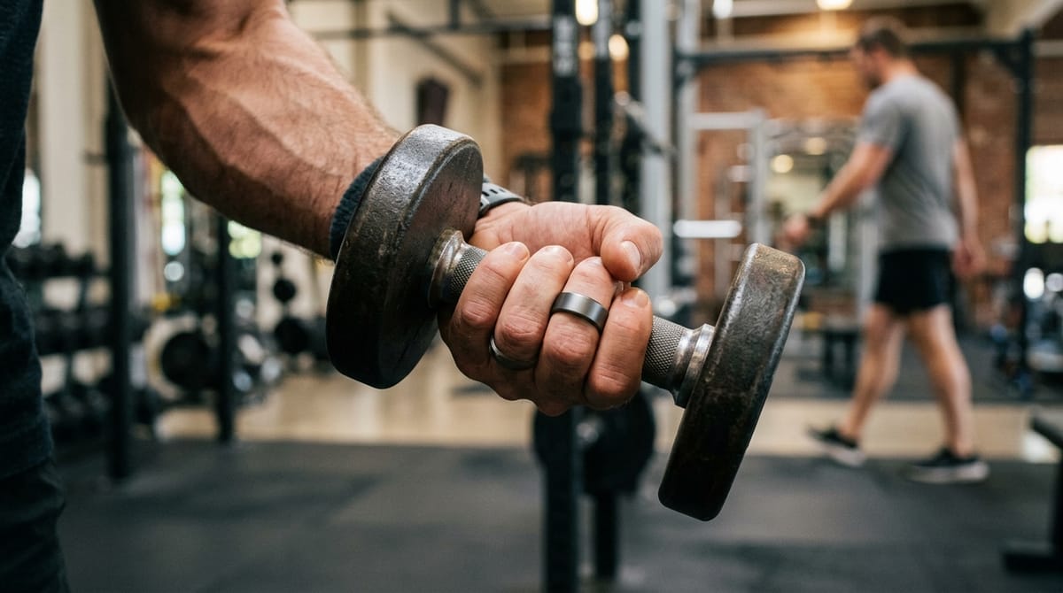 Smart ring on a hand gripping a dumbbell in the gym