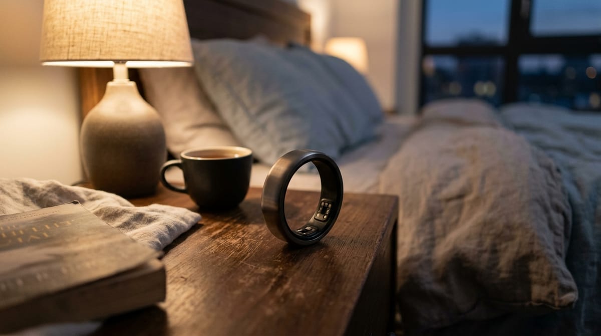 Smart ring resting on a bedside table in evening light