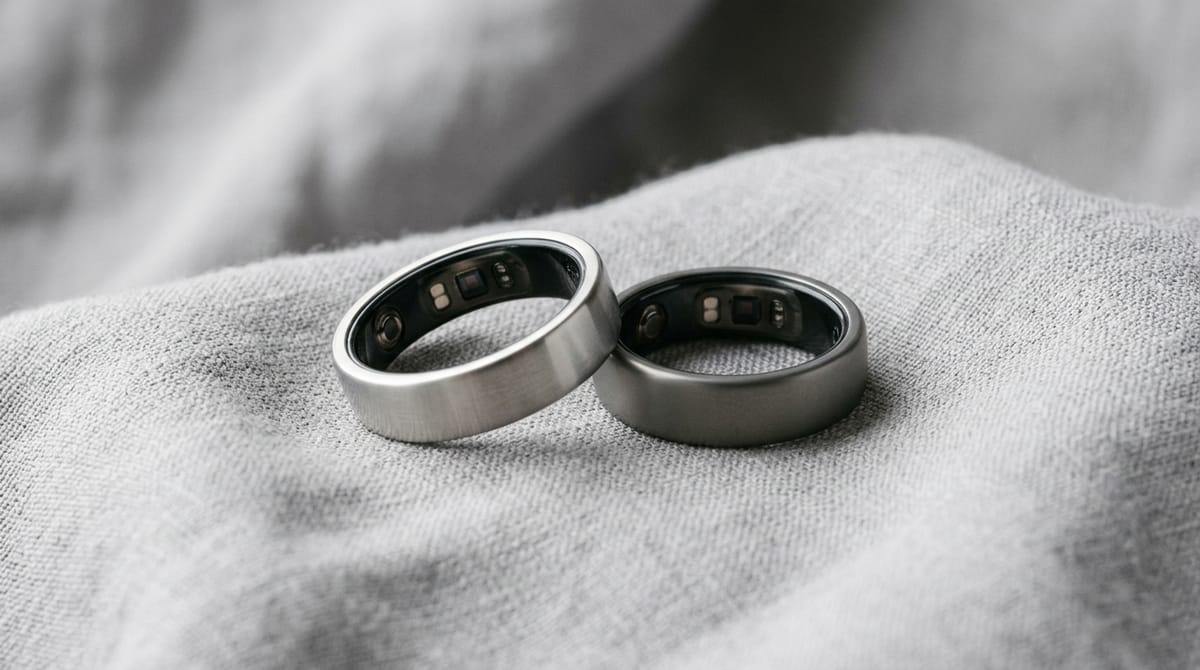 Two smart rings on grey fabric, showing the optical sensors inside each band