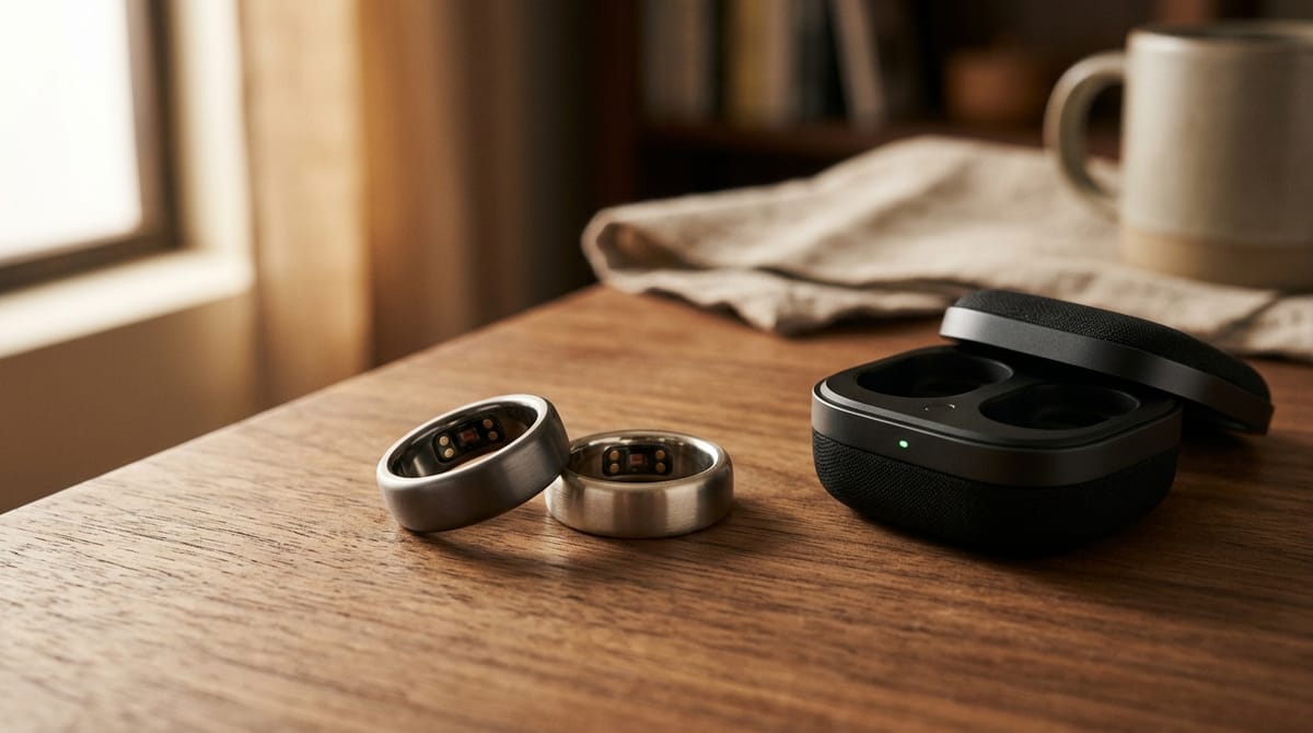 Two smart rings beside a charging case in warm light
