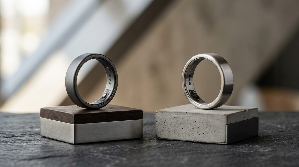 Two smart rings displayed on small podiums