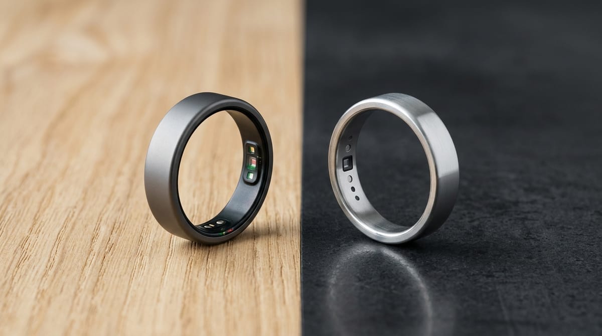 Two smart rings facing off on a split light and dark background