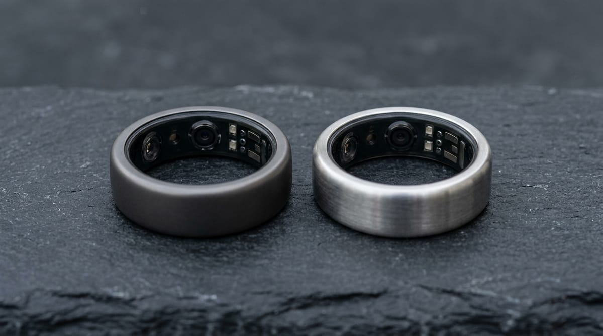Two titanium smart rings side by side on dark slate
