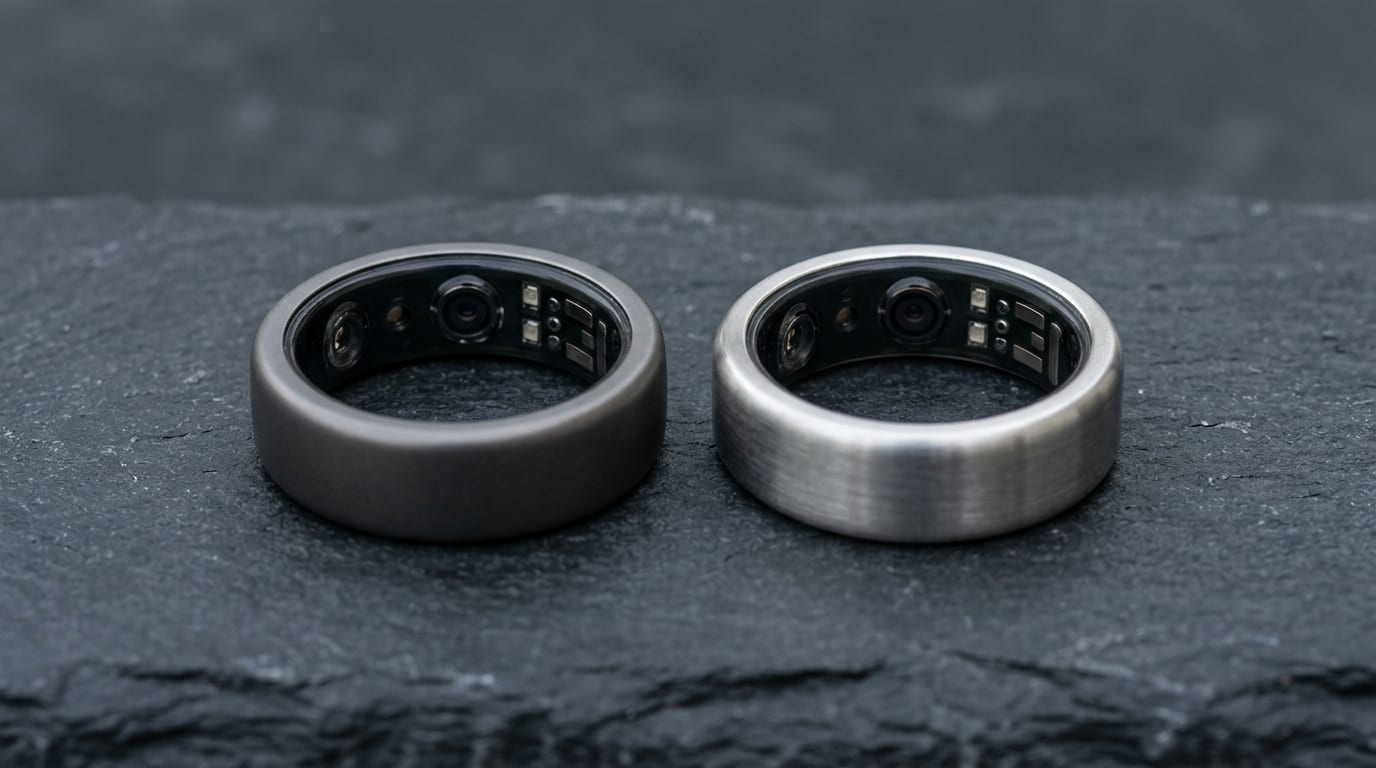 Two titanium smart rings side by side on dark slate