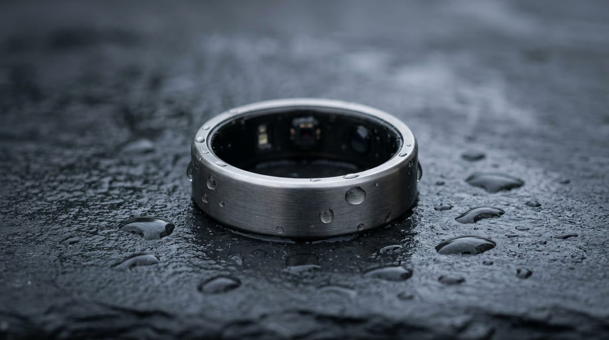 Water resistant smart ring covered in water droplets